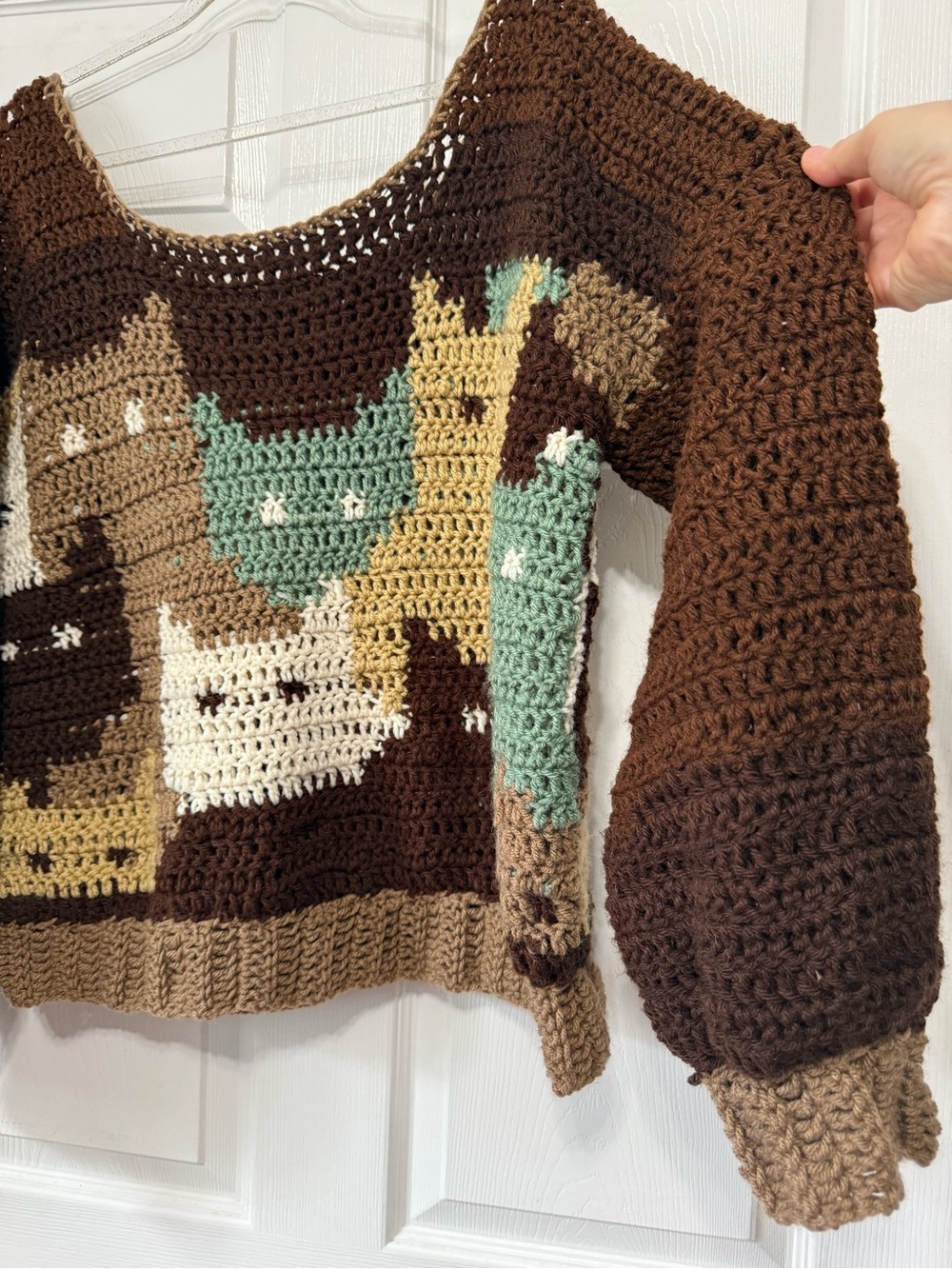 Handmade by my mom Crocheted Cat Sweater in Brown, Cream, Teal & Tan brand new - Picture 3 of 8